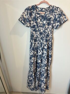 Anthropologie Maeve Blue White Floral V-neck Somerset Cotton Dress XS Petite